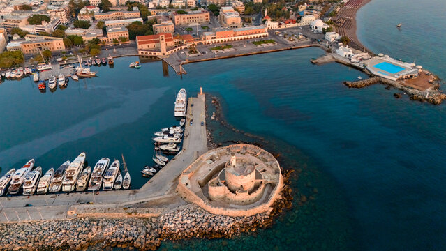 Aerial View of Rhodes Fort of Saint Nicholas Pier with Yachts and New Town Waterfront, Greece