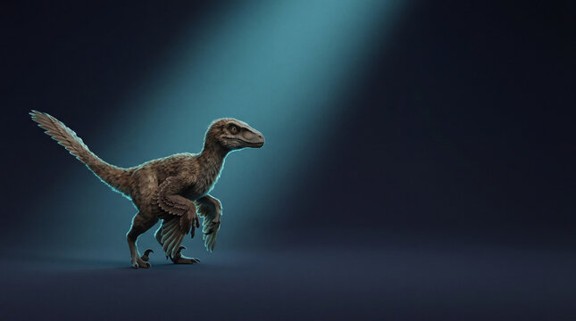 Feathered velociraptor standing alert under dramatic spotlight on dark background