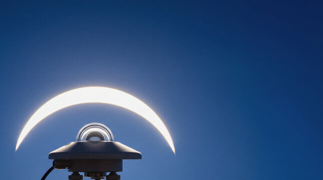Pyranometer measuring solar radiation outdoors under clear blue sky during a solar eclipse