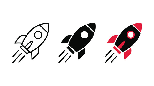 Rocket launch icon set. Startup growth, business progress, innovation, space exploration symbol. Minimalist outline and solid rocket icons with motion trails isolated  white background - stock vector