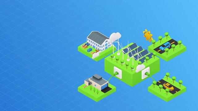 Isometric animation showing renewable energy power grid distribution to smart houses and electric vehicles.