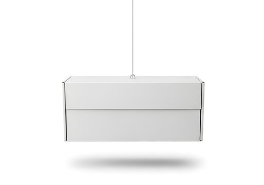 Blank white rectangular cardboard box hanging from a thin wire for product packaging design mockup
