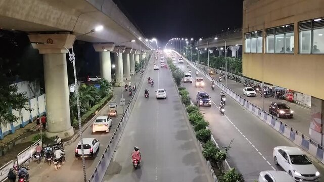 Night Traffic on Illuminated City Flyover Bridge Kolkata