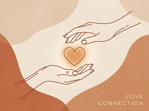 Abstract minimalist line art of two hands holding a glowing heart shape