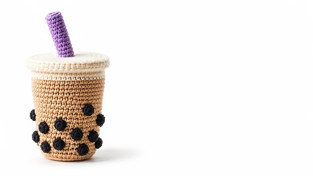 crochet boba tea cup with black tapioca pearls, cream lid and purple straw, handmade amigurumi beverage sculpture isolated on white with generous copy space for craft or drink-themed design.