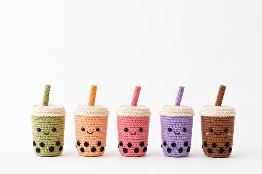 set of crochet boba tea cups with smiling kawaii faces, black tapioca pearls and matching straws, handmade amigurumi beverage collection arranged in a row on a bright white background.