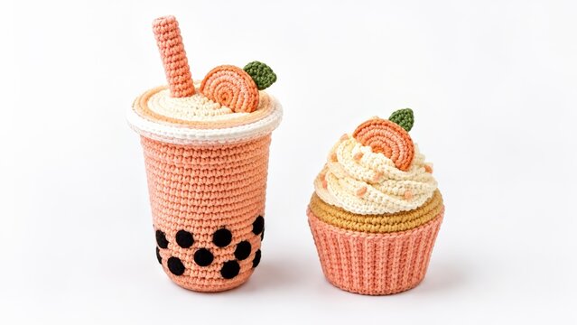Peach crochet boba tea cup with black tapioca pearls, straw and orange slice beside a matching citrus cupcake, handmade amigurumi food sculptures isolated on a clean white studio background.