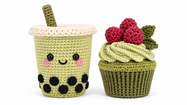 Cute crochet boba tea cup with smiling kawaii face and black tapioca pearls beside a raspberry-topped cupcake, handmade amigurumi food sculptures isolated on a bright white studio background.