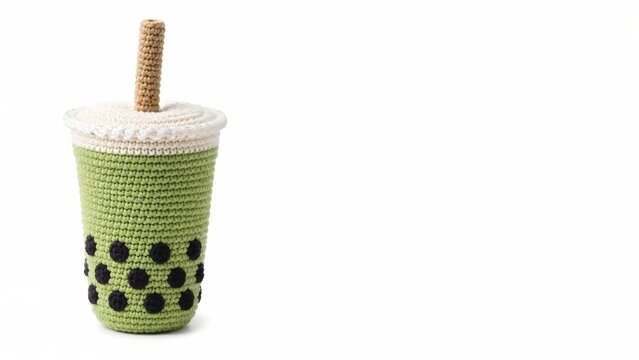 Green crochet boba tea cup with black tapioca pearls, cream lid and brown straw, handmade amigurumi beverage sculpture isolated on white with generous copy space for craft or drink-themed design.