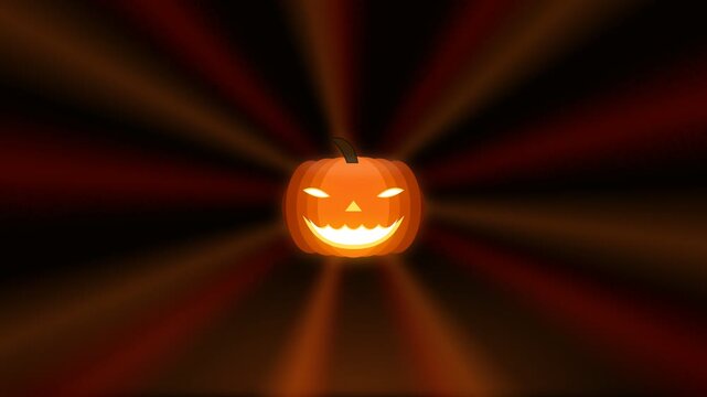 A glowing jack o lantern centered against a dark radial burst background