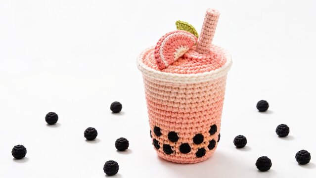 crochet boba tea cup with black tapioca pearls, straw and citrus slice surrounded by loose yarn pearls, handmade amigurumi drink sculpture isolated on a clean white background with copy space.