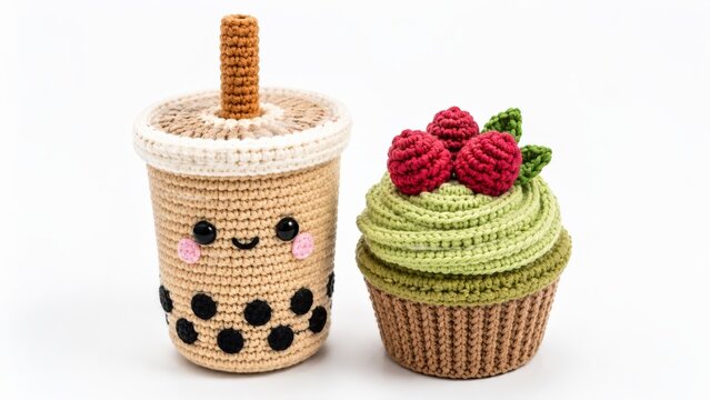 Cute crochet boba tea cup with smiling kawaii face and black tapioca pearls beside a green berry cupcake, handmade amigurumi food toys photographed together on a clean white studio background.