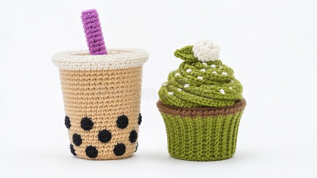 Handmade crochet boba tea cup with black tapioca pearls and purple straw beside a green matcha cupcake, playful yarn food sculptures isolated on a clean white studio background with copy space.