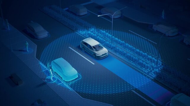 3D Animation Illustrating Technology, Radars and Sensors for Autonomous Vehicle. Fully Autonomous AI-Powered Self-Driving Taxi. Driverless Car Driving Through City Streets and Scanning Environment.