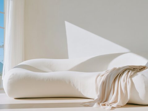 Sculptural white boucle sofa with draped throw in minimalist sunlit interior