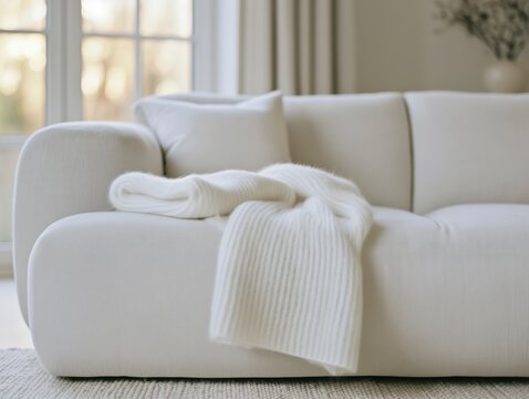 White boucle sofa with soft knit throw in bright neutral living room