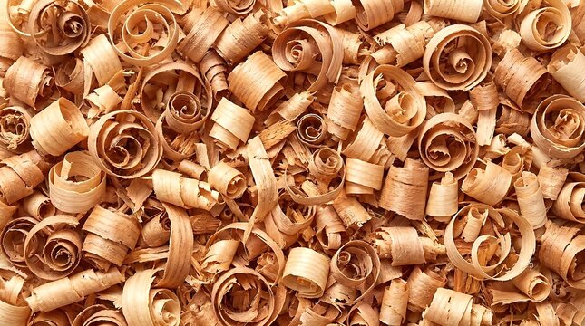 A detailed high angle close up shot of various natural wood shavings scattered