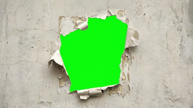 A hole in an old cracked concrete wall revealing a green background
