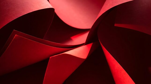 Abstract red paper shapes folded and curved creating a dynamic geometric design background