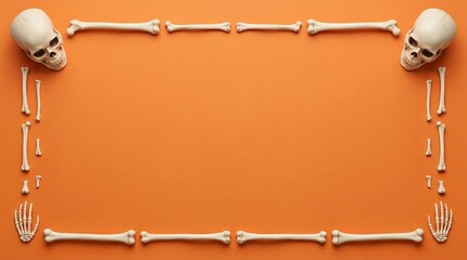 Fototapeta premium Geometric bone border with human skulls and hand skeletons on vibrant orange background