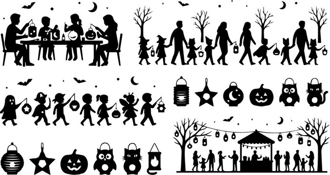 Halloween Family and Night Scene Silhouette &ndash; Trick or Treat, Children, Spooky Icons
