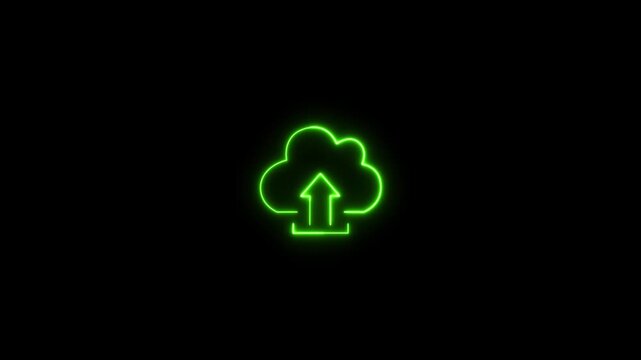 Glowing green neon cloud upload icon animation on a black background, cloud computing, data transfer, digital storage, or network backup