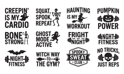 Obraz premium Set of twelve black and white halloween fitness themed typography featuring skeletons, ghosts, pumpkins, and weights for seasonal apparel and holiday workout projects