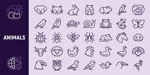 Naklejka premium Animals line Editable Icons set. Vector illustration in modern thin line style of fauna related icons: farm, domestic, wild animals, and more. Pictograms and infographics.