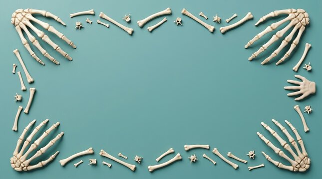Skeleton hands and bones arranged in frame on teal background for medical