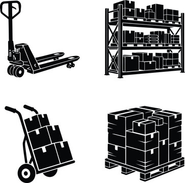 Warehouse and logistics icons set, black and white vector graphic featuring pallet jack, shelving unit, and hand truck for shipping design
