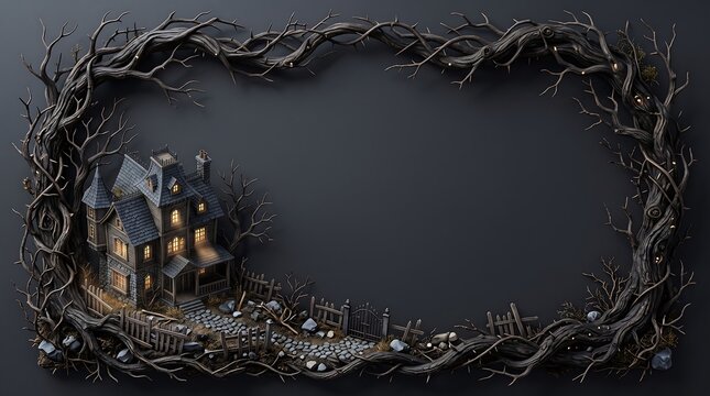 Spooky haunted house with glowing windows inside a dark twisted tree branch frame for halloween