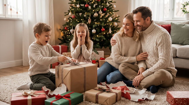 Joyful family watching children open Christmas gifts
