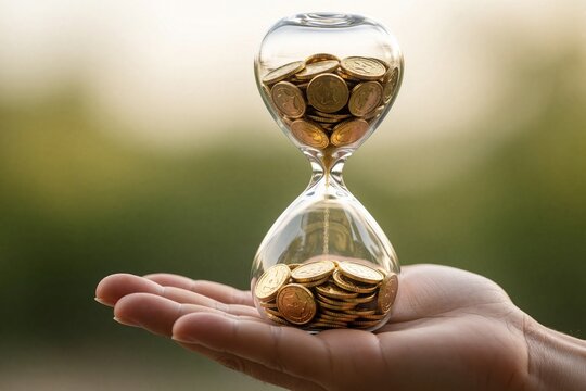 Close up of person holding glass hourglass filled with gold coins. Gold coins fall from top to bottom as time passes. Financial concept of money management, investment, wealth, deadline in business.