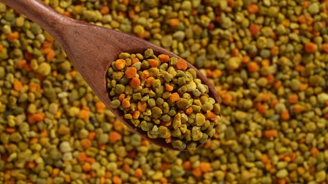 Bee pollen granules texture background with wooden spoon, close up. Top view of colorful pile of natural bee pollen granules with wooden spoon scoop full of grains used as superfood dietary supplement