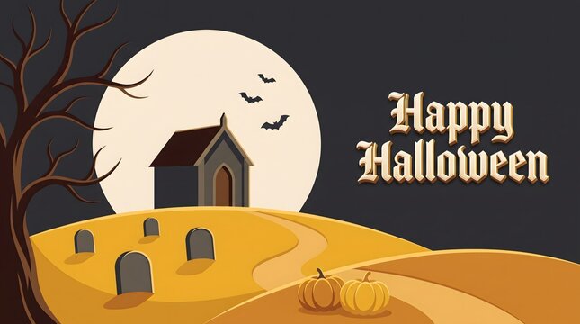 Spooky halloween background with a haunted house and graveyard under a full moon