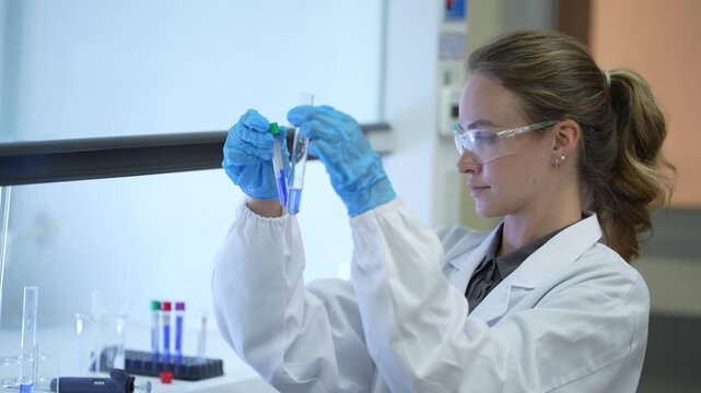 A woman researcher in a white lab coat, hairnet and clear safety goggles comparing two capped sample tubes, tilting them, returning one to the rack at a brightly lit laboratory workbench.