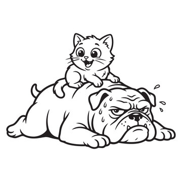 Cute playful kitten riding on tired grumpy bulldog back cartoon line art vector illustration coloring page for kids and pets lovers.