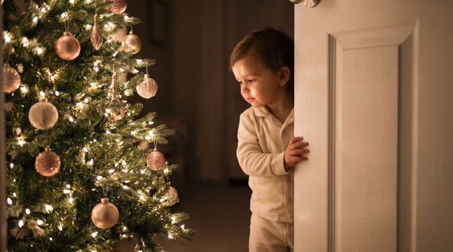 Toddler boy peeking at lit Christmas tree