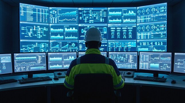 Control room engineer monitoring system data on multiple large screens