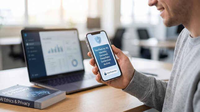 Man holding smartphone displaying deepfake detected security warning