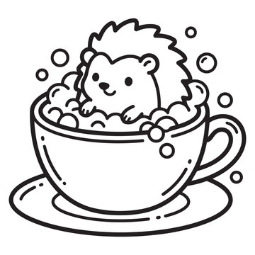 Cute Cartoon Hedgehog Taking Bubble Bath in Teacup Coloring Page Line Art Vector Illustration for Children Activity Book Design.