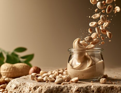 High-Speed Capture of Pili Nuts and Creamy Nut Spread Splashing from a Glass Jar on a Stone Surface