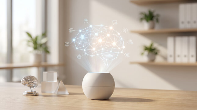Glowing digital brain hologram above white smart speaker