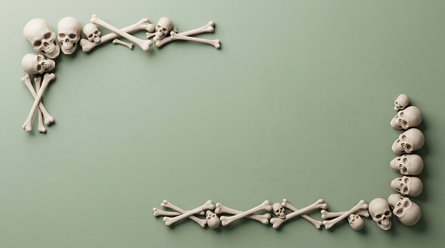 Composition of multiple human skulls and bones on a green background with composition skeleton halloween decoration seasonal mortality cemetery mysterious collection