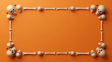 Fototapeta premium Halloween background frame made of human skull and bones on orange surface with scary background spooky border skeleton parts halloween decoration festive border halloween background skeleton