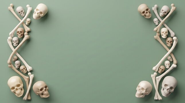 Frame made of human skulls and bones arranged in a creative pattern for a spooky celebration