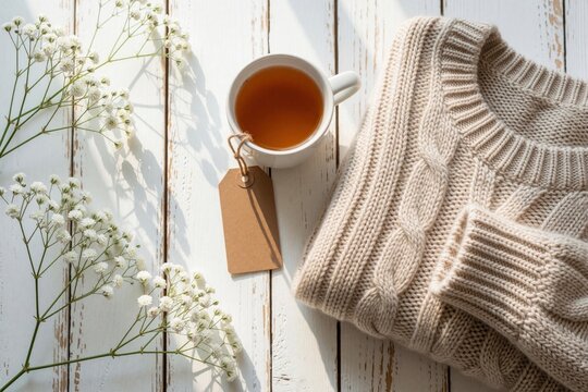 Folded cream cable knit sweater sits on white wooden table beside teacup and baby breath flowers. Tag attached offers space for text, evoking cozy autumn or winter vibes.
