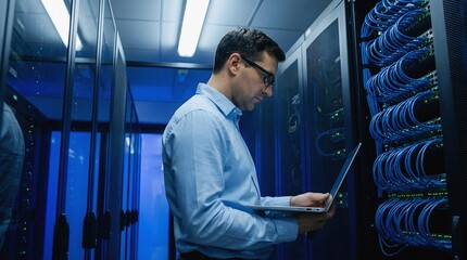 Fototapeta premium IT technician with a laptop working in a modern data center server room