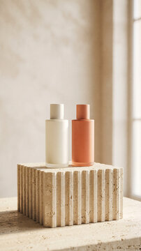 Two cosmetic bottles on stone pedestal