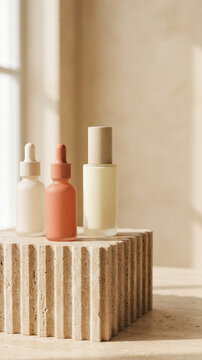 Cosmetic bottles on a stone pedestal